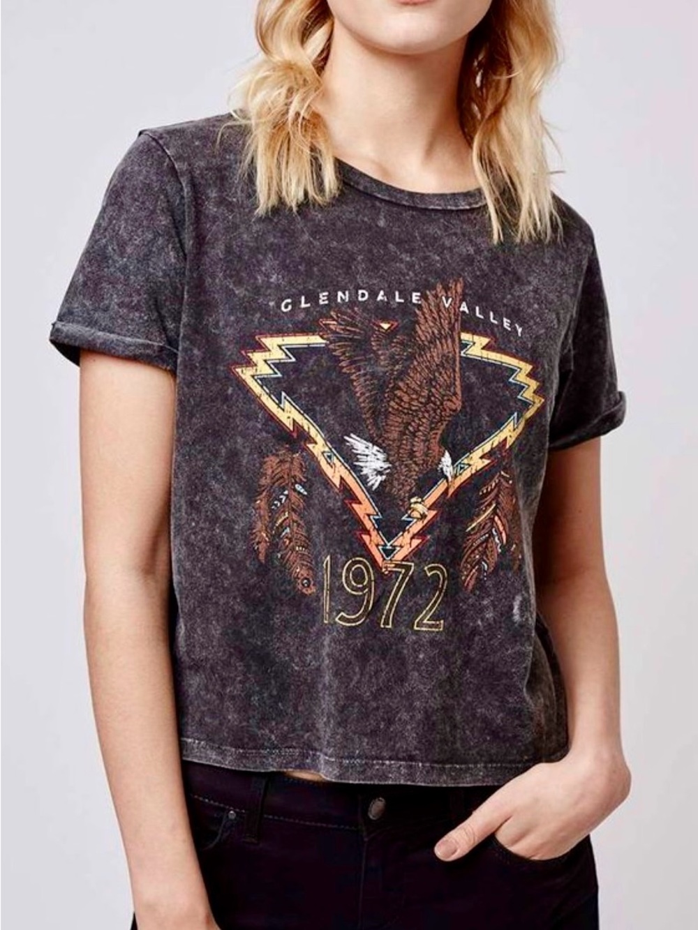 Topshop Petite Glendale Valley 1972 Acid Wash Graphic Tee US 4 Black Boho